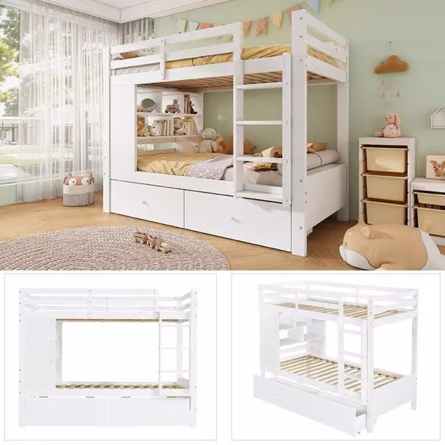 Letto a castello 90x200 cm per bambini; in legno bianco con 2 cassetti; scaffale; scala e sponde; per cameretta