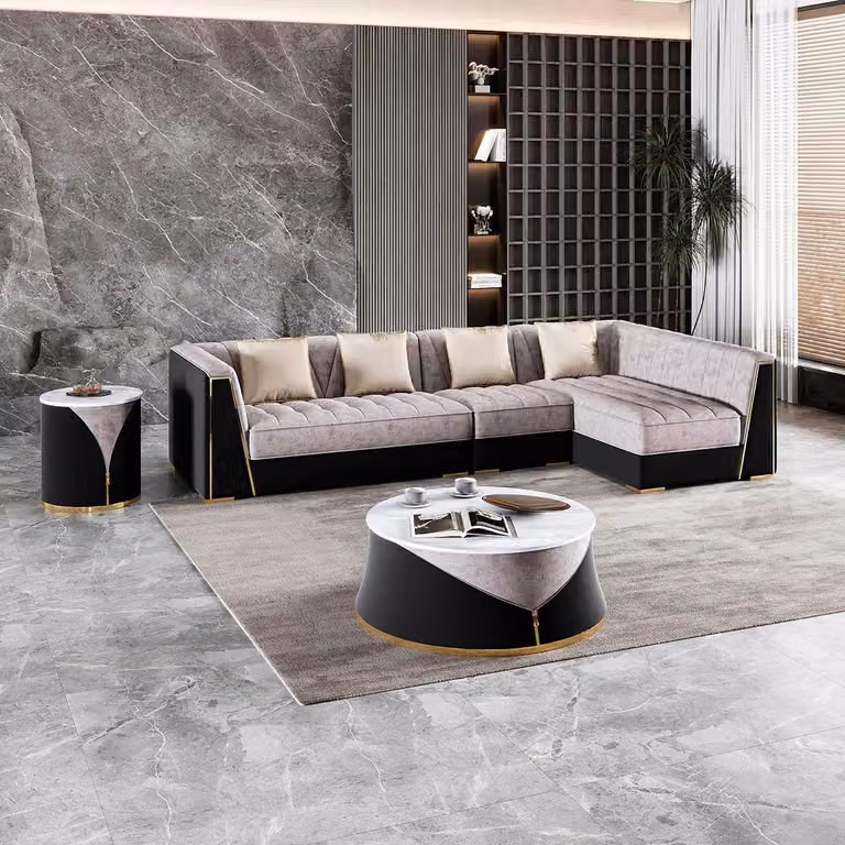 Graue Wohnzimmer Sofagarnitur Ecksofa Couchtisch Beistelltisch Edelstahl