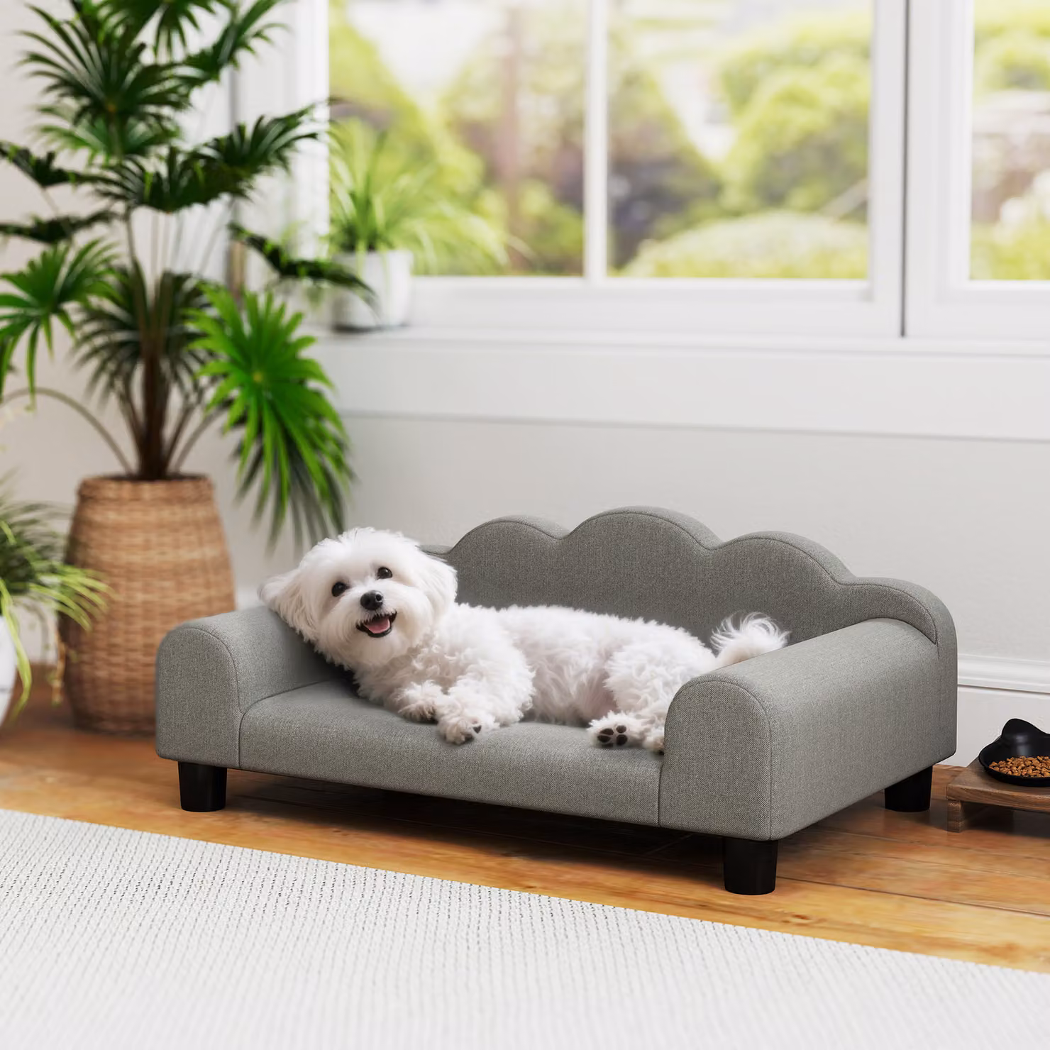 Divano per cani PawHut con braccioli di supporto in legno e tessuto French Terry, Grigio, L 66 cm x P 42 cm x H 28,5 cm – 2