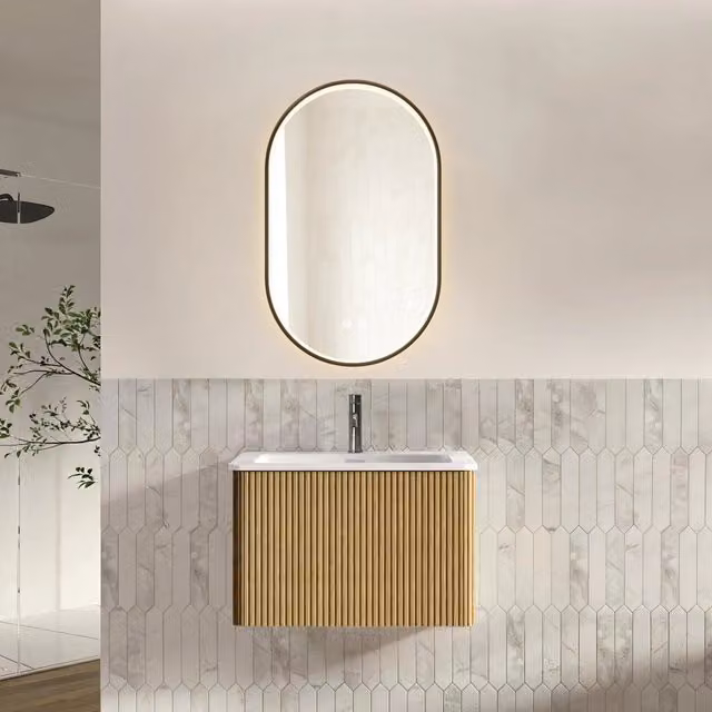 Set mobile bagno con specchio, lavabo 60 cm con sottolavabo preassemblato, mobile a strisce con 1 cassetto, colore quercia, specchio ovale 50x80 cm con strass e cornice nera