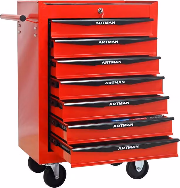 Carrello officina mobile 52,5x33x77,5 cm in acciaio rosso e nero, 7 cassetti con serratura