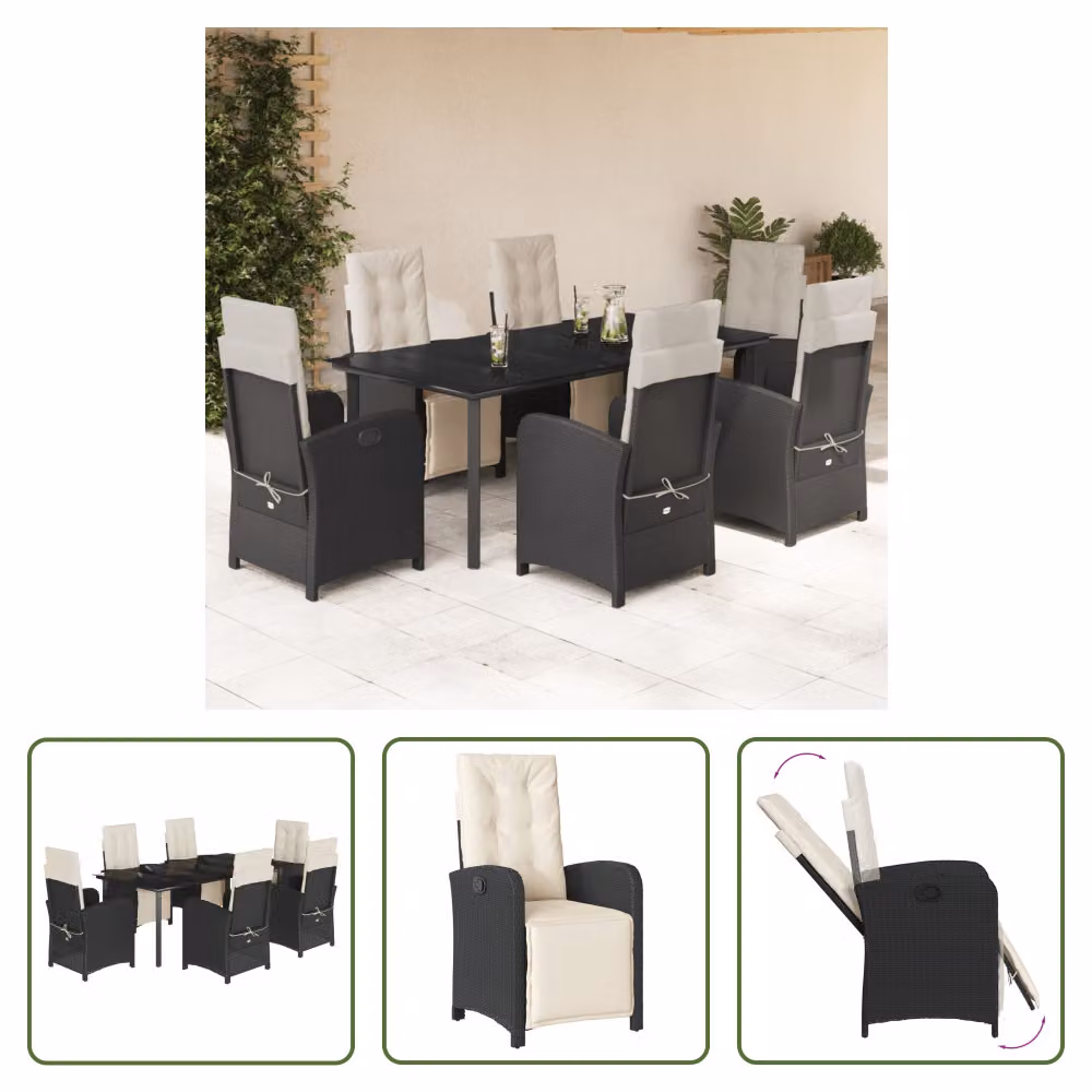 The Living Store Set da pranzo da giardino 7 pezzi con cuscini in polirattan nero