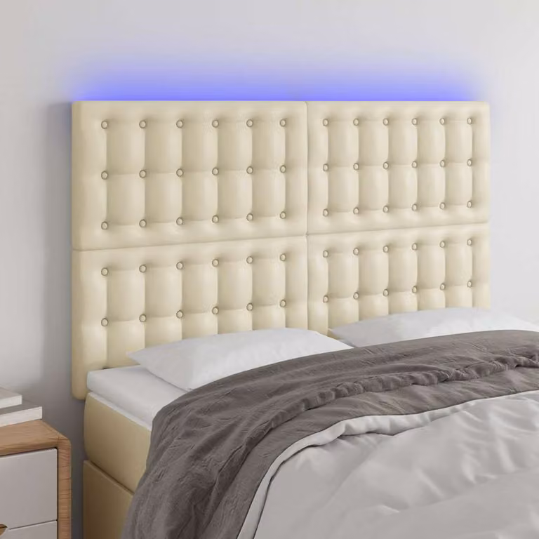 Testiera per letto vidaXL in similpelle beige con illuminazione LED e porta di ricarica USB, L 144 x P 5 x H 118/128 cm
