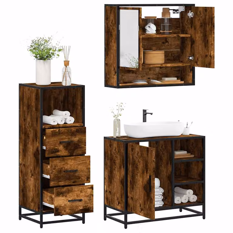 Set di mobili da bagno industrial vidaXL in 3 pezzi color rovere fumo con armadietto specchio, mobile lavabo e mobile laterale in legno e metallo