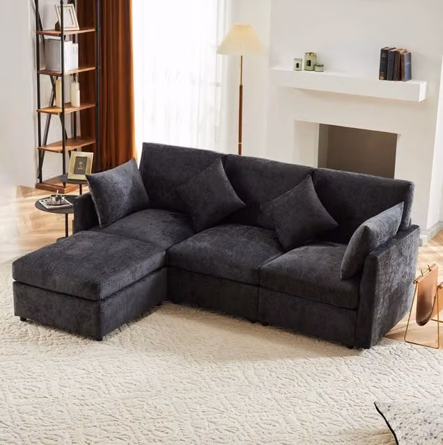 Divano modulare ULEVR 216x161x81 cm configurabile a L o 3 posti, con pouf mobile e 4 cuscini, grigio