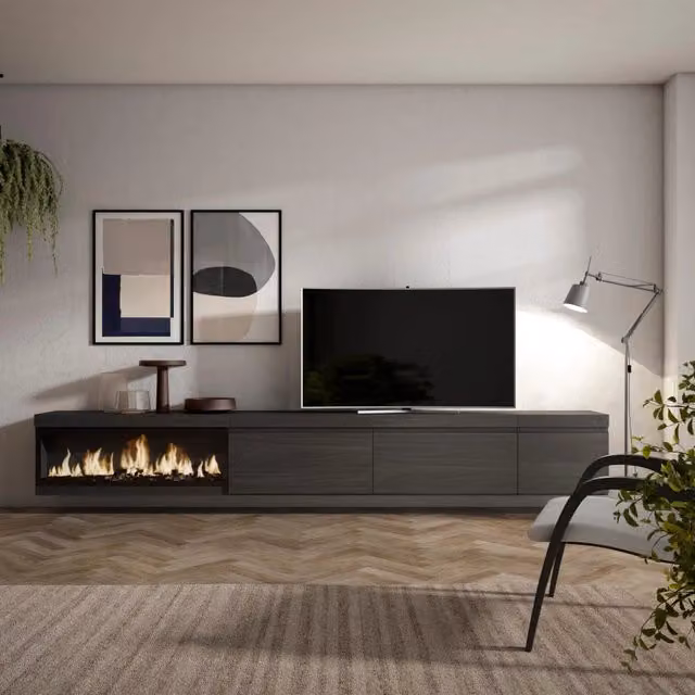 Mobile TV Soggiorno, 317x35x45cm, Camino elettrico XXL, da appendere, Nero RF3671