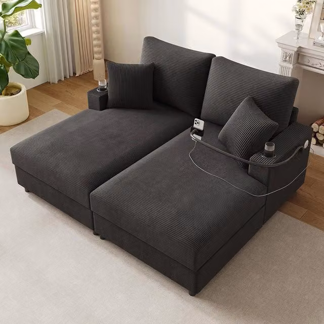 Divano letto XXL - Xylo - Doppio, USB, porta bicchieri, grigio, imbottito