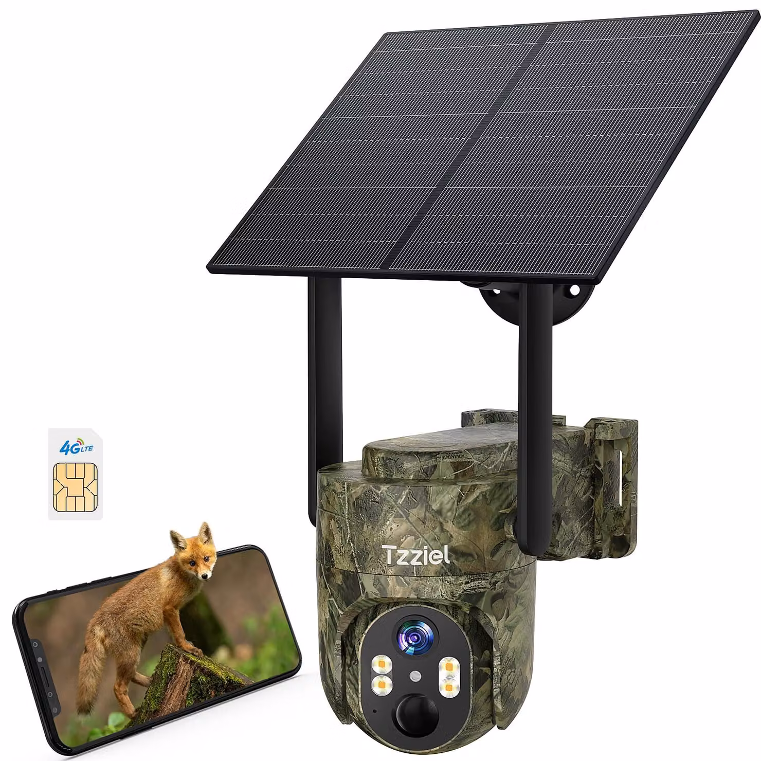 Telecamera di sicurezza esterna, 4G LTE, wireless, risoluzione 2K (3MP), rotazione a 360°, alimentazione a pannello solare