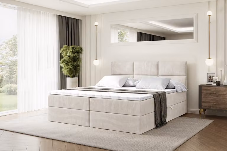 Letto boxspring ALTDECOR con materasso (altezza 20 cm) e topper (altezza 5 cm), letto imbottito con testiera e contenitore - OHIO - 140x200 - H4/velluto color taupe