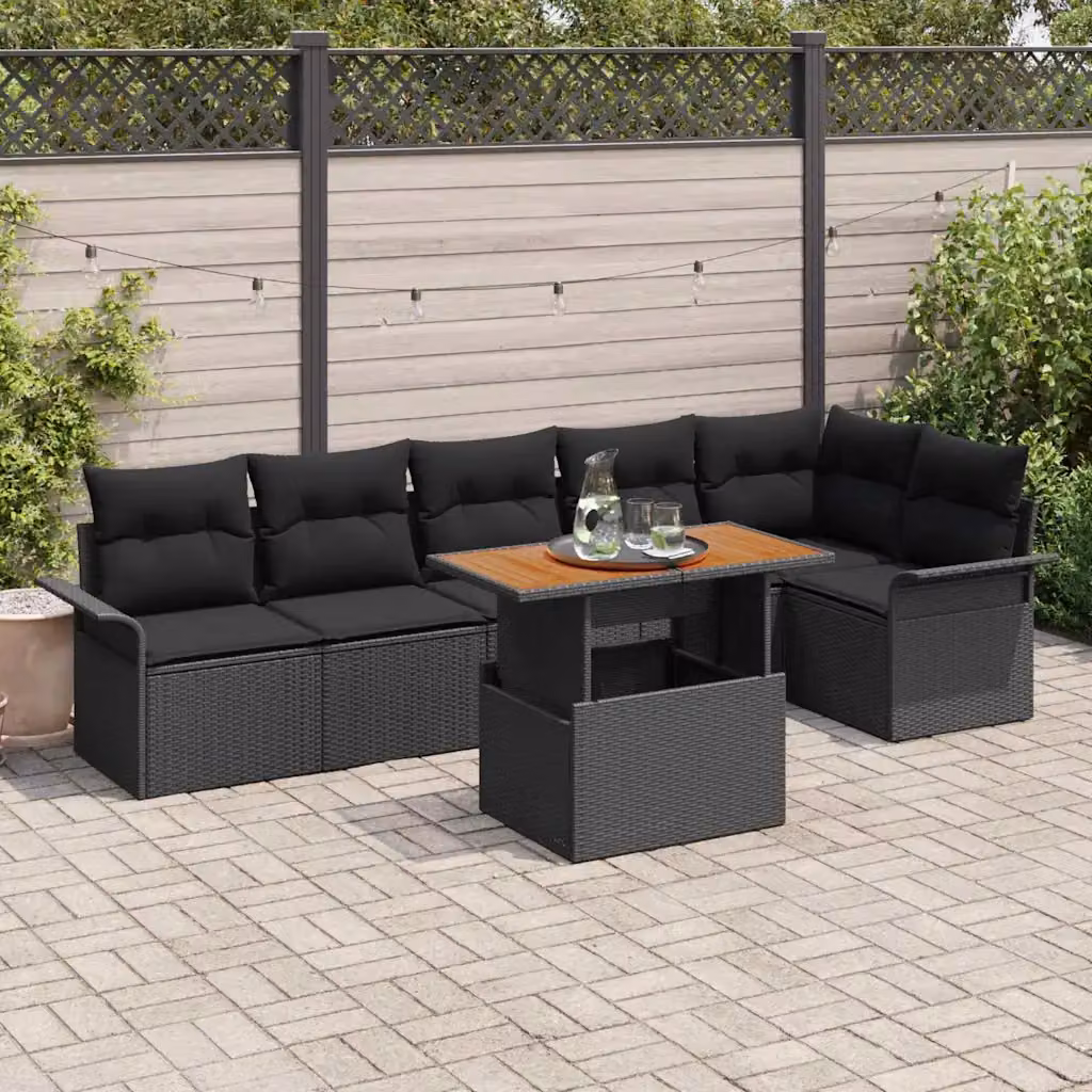 Set Divano da Giardino Moderno vidaXL in Rattan e Metallo, 7 Pezzi, Nero Opaco – 1