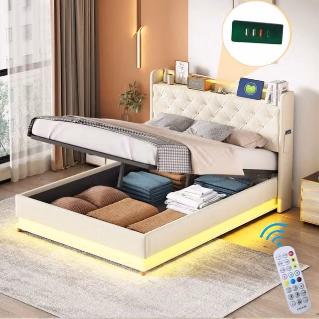 Letto imbottito beige 140x200 cm con contenitore idraulico; LED multicolore; presa USB e rete metallica