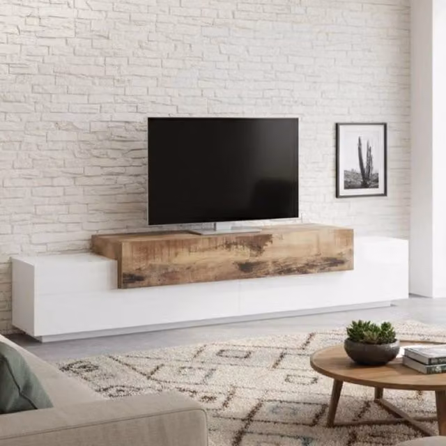 Mobile da soggiorno DMORA Porta Tiche in bianco lucido e acero, L: 240 cm, P: 45 cm, H: 52 cm – 1