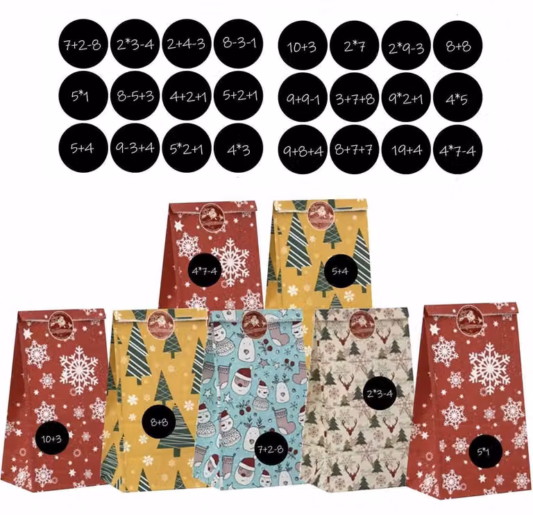 Calendario dell'Avvento da riempire, composto da 24 sacchetti di carta natalizi con adesivi numerati. Kit per realizzare decorazioni fai-da-te, dimensioni 11,5x8x21 cm
