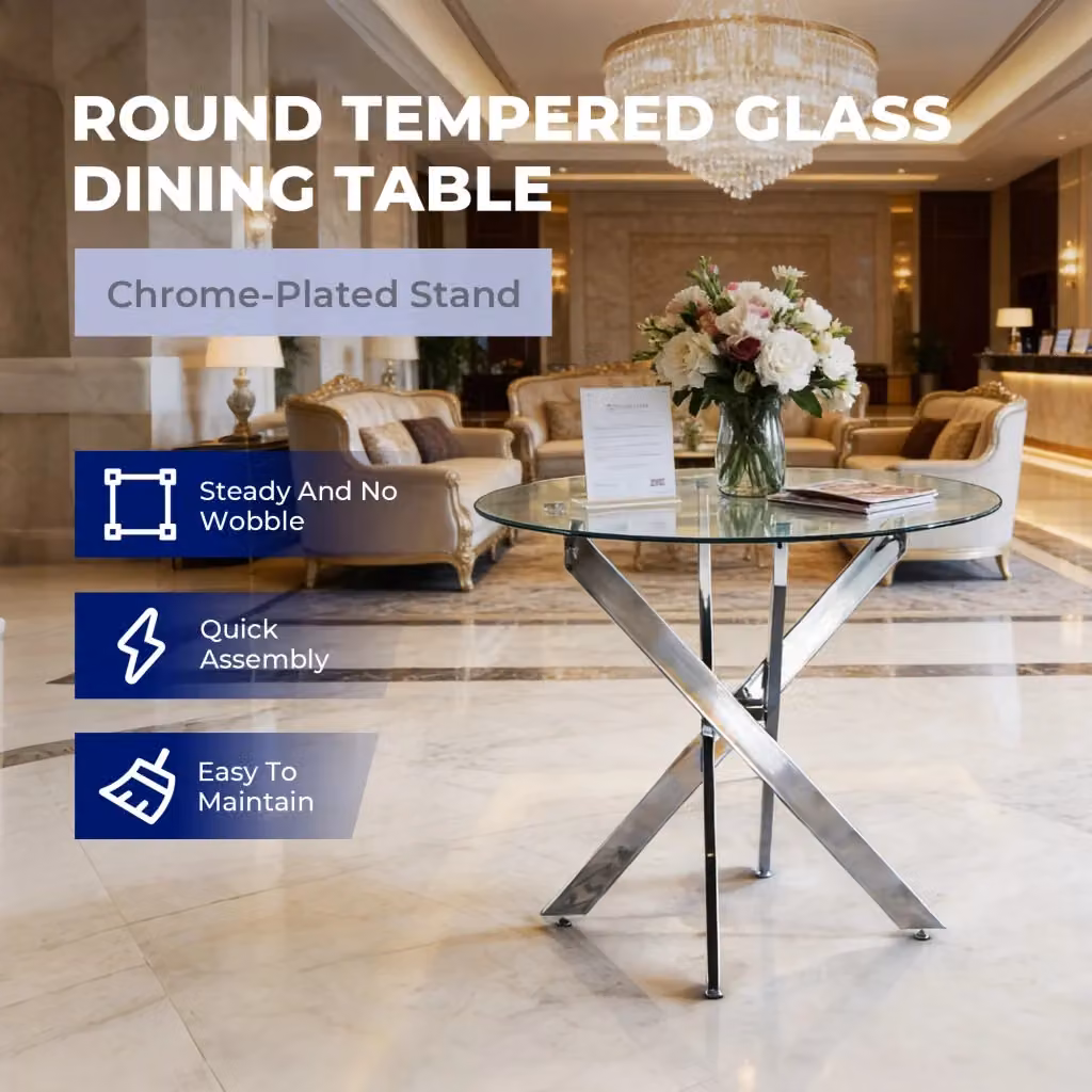 Tavolo da pranzo rotondo OKWISH con piano in vetro trasparente e gambe in metallo silver per cucina e soggiorno – 2