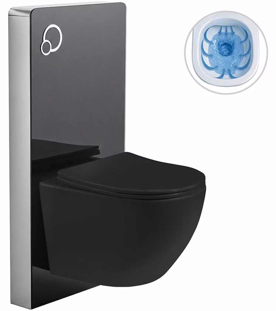 CERANO - Set completo per WC con cassetta di scarico - nero opaco + WC sospeso Verde, Rimless + sedile Slim/UF - nero lucido - 49x36 cm