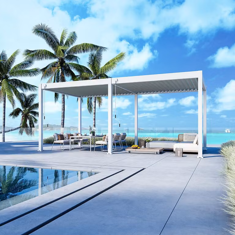 Pergola Weide Deluxe interamente in alluminio 3x6 m con tetto a lamelle, indipendente, bianca