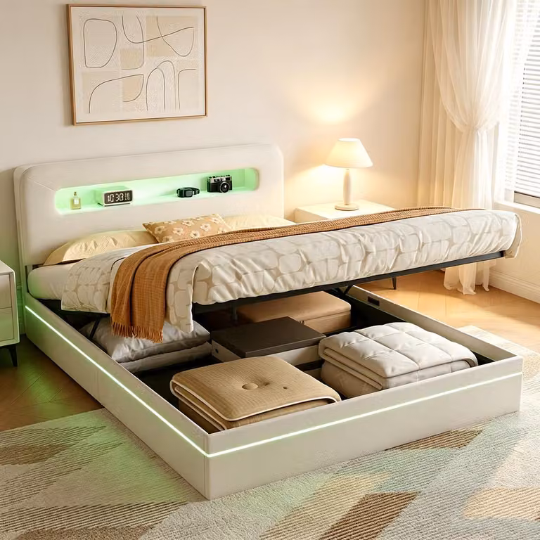 Letto imbottito INONEFT 140x200 con spazio contenitore e luci LED, letto con sistema di sollevamento idraulico, letto matrimoniale, struttura letto, letto con rete a doghe, velluto, beige