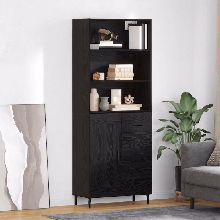 Set di 2 credenze moderne vidaXL in rovere nero con ante e ripiani, L: 69,5 cm, P: 34 cm, H: 180 cm