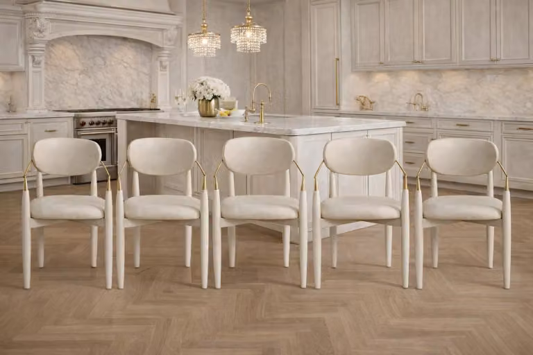 Set da 6 lussuose sedie imbottite di design color crema con struttura dorata