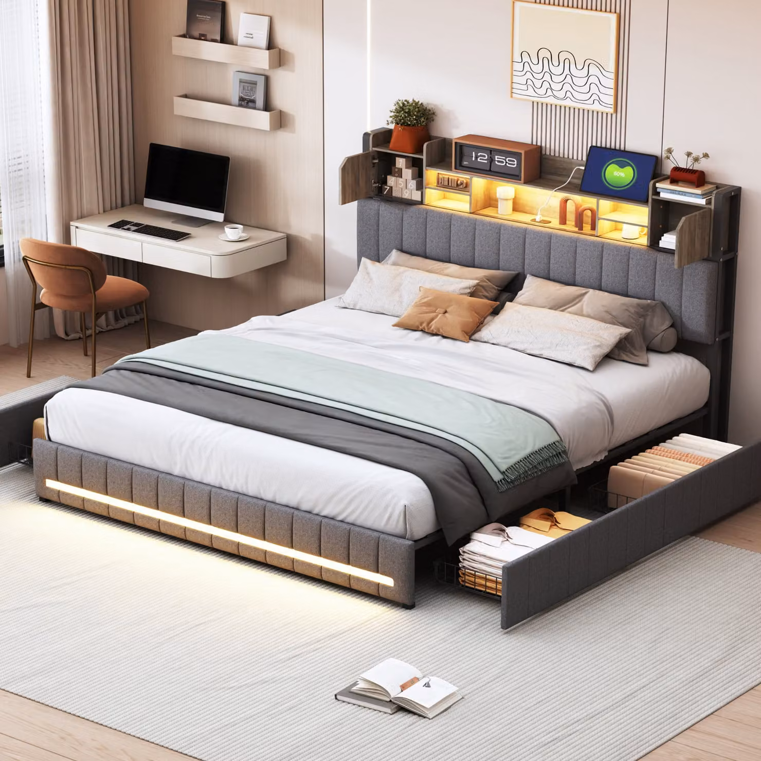 Letto imbottito ProximaX 160x200cm grigio con USB, letto matrimoniale per ragazzi con rete a doghe e 4 cassetti, letto contenitore LED in lino