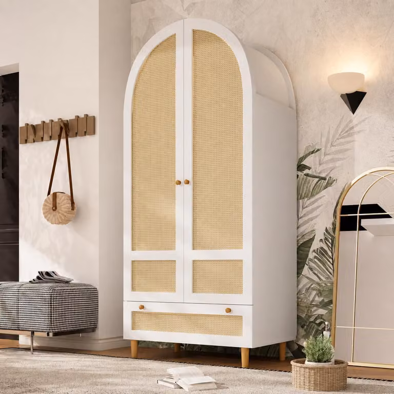 Armadio angolare in rattan con asta appendiabiti, armadio a 2 ante, mobile guardaroba con cassetto, 80x50x180 cm, bianco