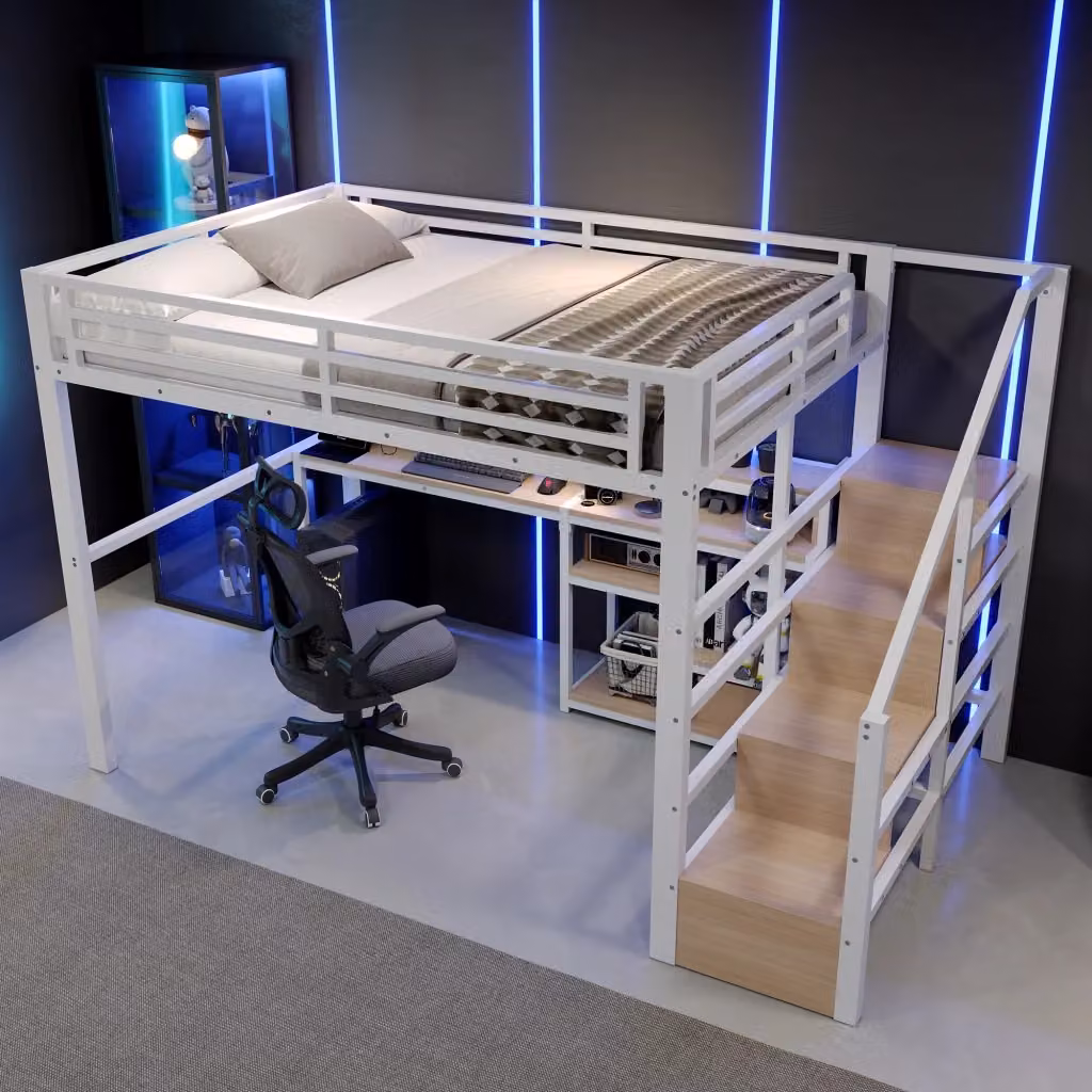 Letto a soppalco Mivray bianco con scala armadio ripiano e illuminazione LED con porte USB e USB-C L/P: 140 x 200 cm – 2