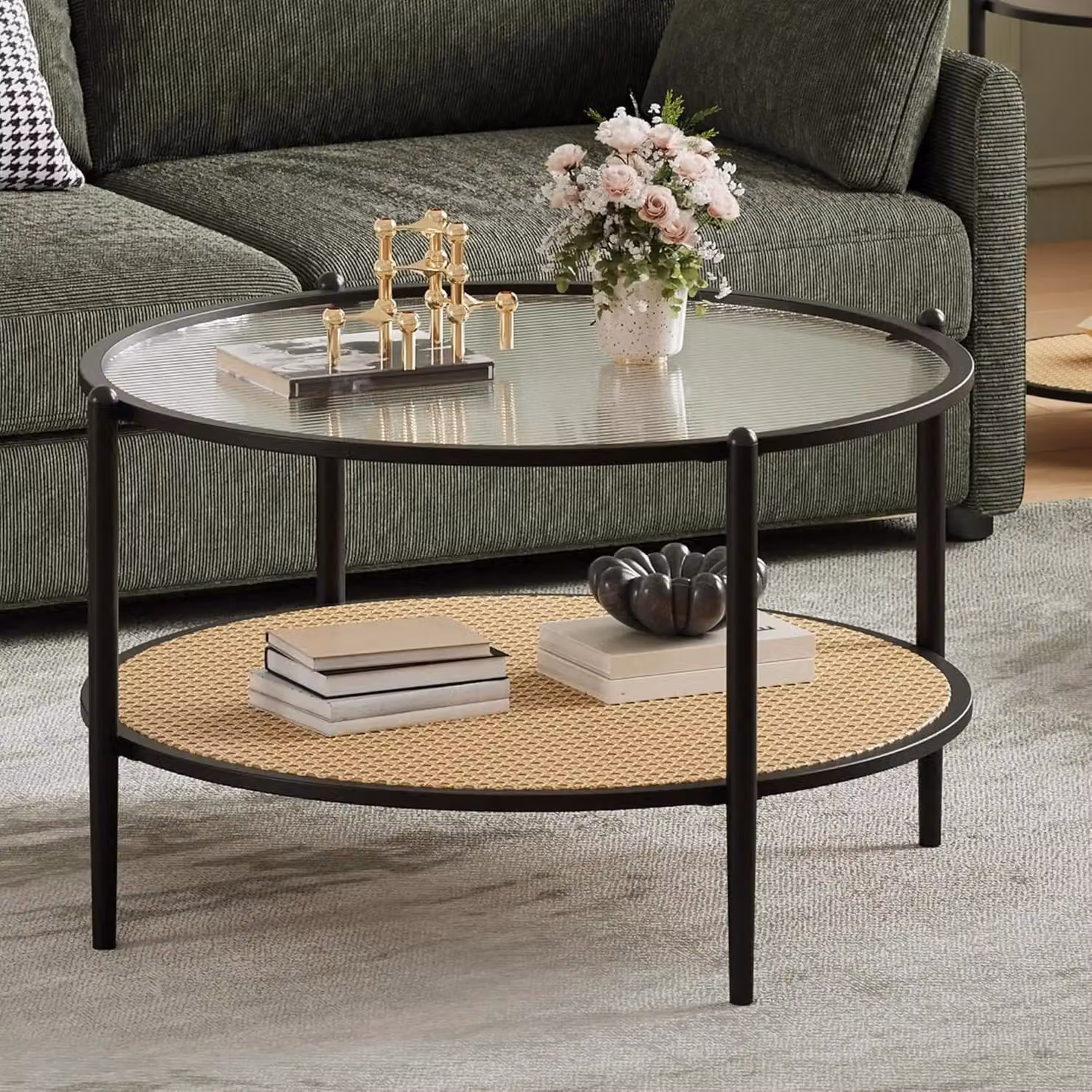 Tavolino in rattan - Rotondo 78 cm - 2 ripiani - Piano in vetro temperato ondulato - Stile antico - Grigio chiaro