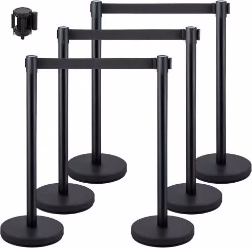 Set di 6 Paletti di Controllo della Folla VEVOR in Acciaio Inox Neri con 3 Cinture Retrattili da 198 cm
