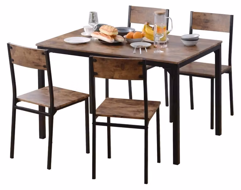 Set da pranzo per 4 persone, composto da un tavolo da cucina di 108 cm e 4 sedie, colore marrone vintage