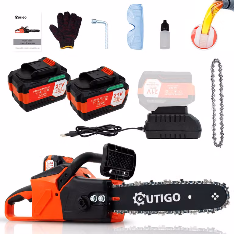 OUTIGO Motosega a batteria da 12 pollici con 2 batterie da 4 Ah a 21 V, motore brushless da 700 W, sistema di autolubrificazione, catena di ricambio inclusa