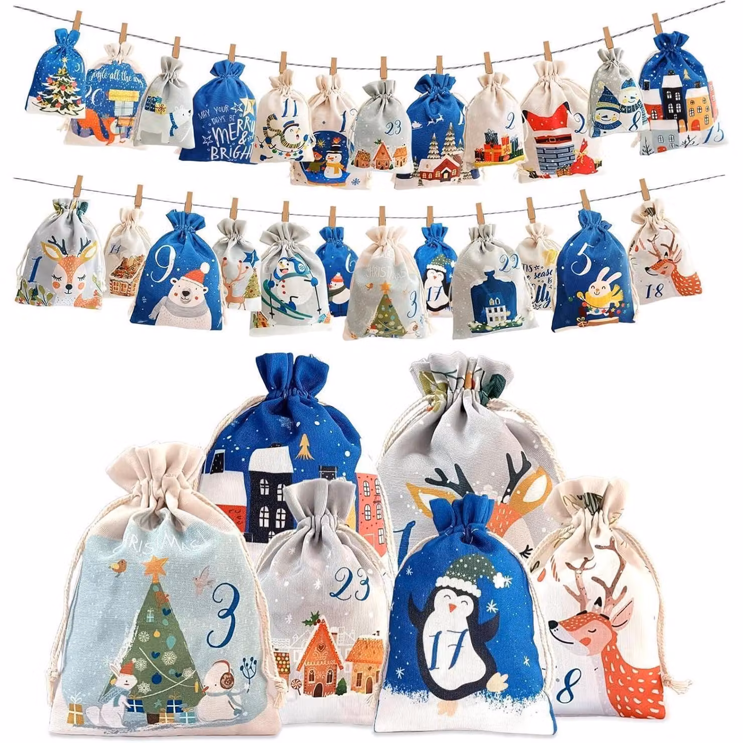 Calendario dell'Avvento da riempire, per bambini, con stampa, colore blu, dimensioni 10 x 14 cm + 13 x 18 cm