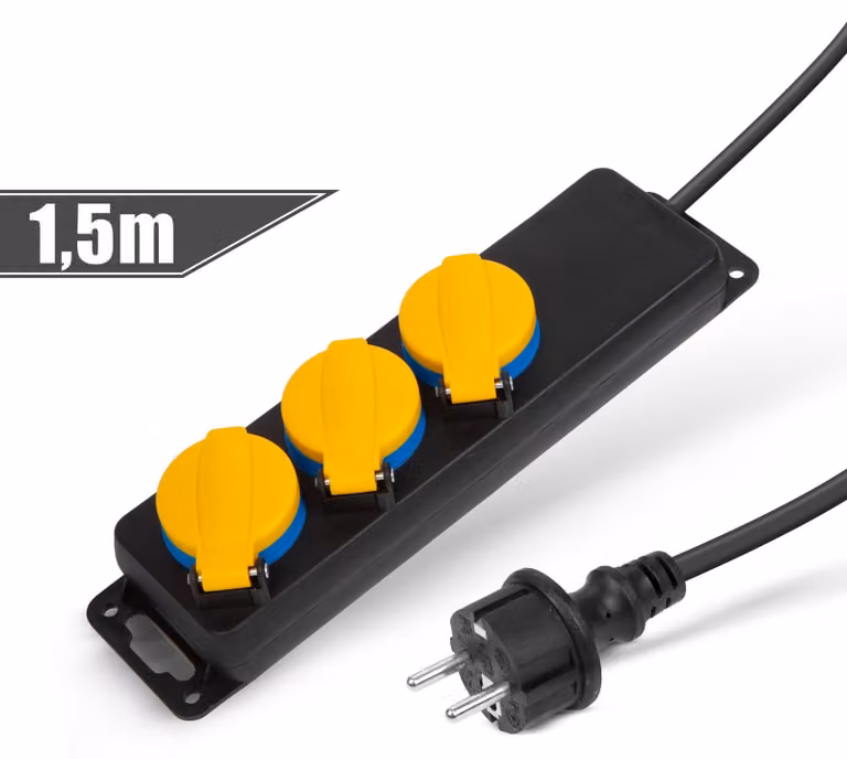 Presa multipla a 3 vie per esterni - Prolunga con coperchio e sicurezza bambini - 1,5 m - IP44 - 250 V • 16 A - Nero/Giallo [20223C]