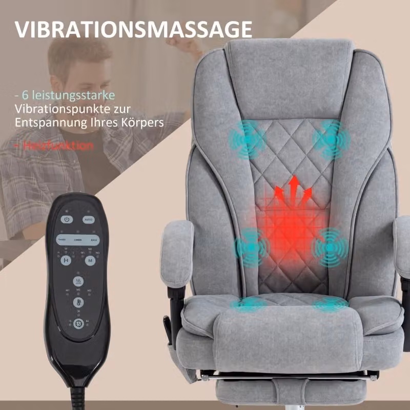 Sedia da ufficio ergonomica Chicfurn con massaggio, riscaldamento, reclinazione e poggiapiedi in tessuto grigio – 2
