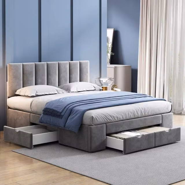 Letto 140x200cm - Xylo - Velluto, 4 cassetti, struttura, grigio