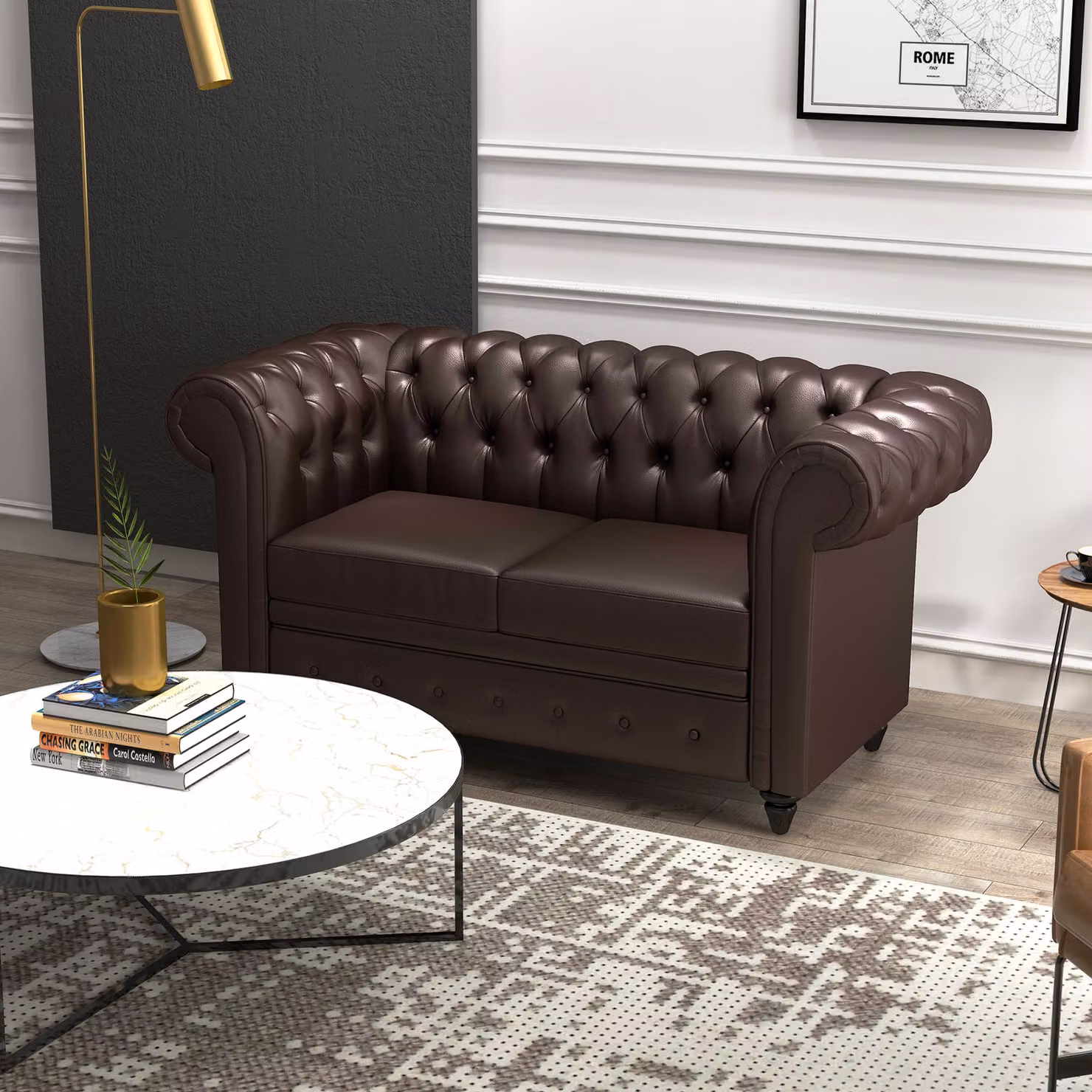 Divano 2 posti HOMCOM in stile Chesterfield con cuscini rimovibili in ecopelle marrone L: 160 cm, P: 84 cm, H: 80 cm – 2