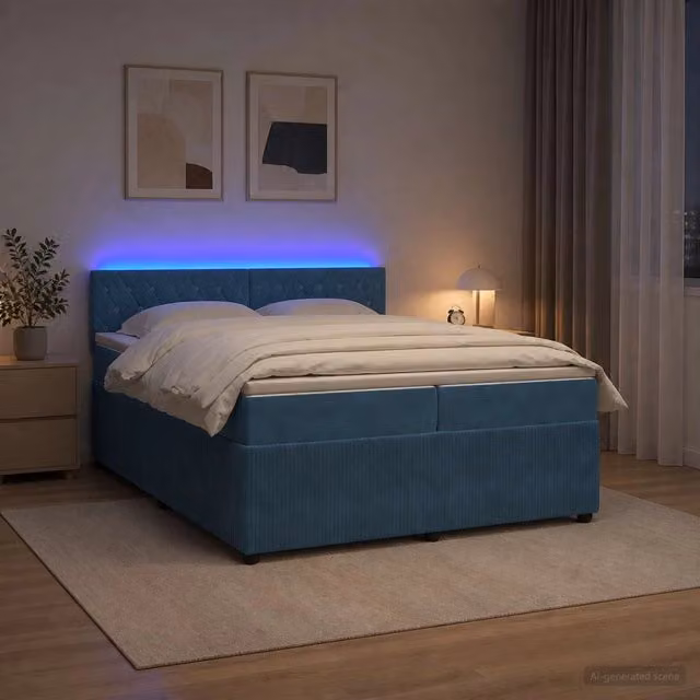 Letto box spring ibrido vidaXL in velluto blu con materasso a molle insacchettate e base contenitore, dotato di illuminazione sottostante e porta USB, L/P/H: 200 x 200 x 100,5 cm
