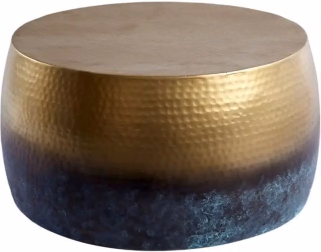Tavolino basso TRIANE 60 cm in alluminio dorato e blu – Tavolino rotondo design effetto martellato