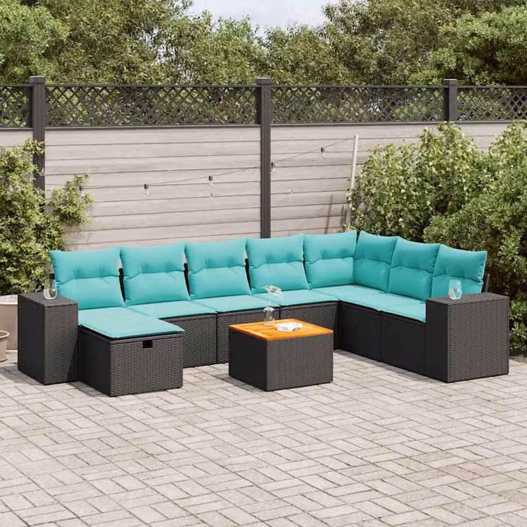 Set di divani da giardino vidaXL 9 pezzi in polyrattan con cuscini e tavolino da esterno a forma di L con struttura in acciaio e legno di acacia