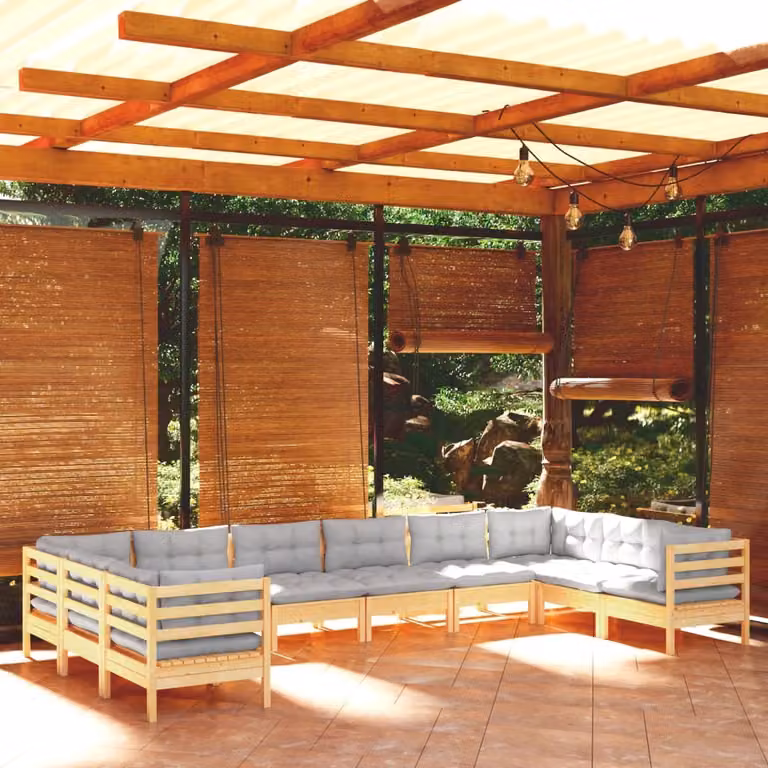 The Living Store Set da giardino da 10 pezzi con cuscini grigi in legno di pino