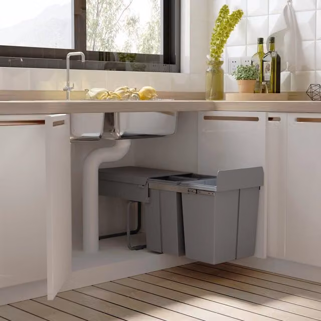 Desviae Contenitore per rifiuti estraibile con 3 secchi removibili in plastica grigio per mobile sottolavello