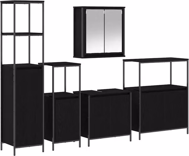 Set di mobili per il Bagno | Armadio da bagno 5 pz Rovere Nero Legno multistrato