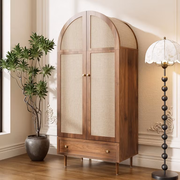 Armadio con cassetti, ante in legno rivestite in tessuto di lino, armadio guardaroba con ampio spazio di stoccaggio, guardaroba, finitura noce