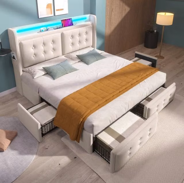 Letto imbottito 140x200 cm beige con LED; USB; Type-C; 4 cassetti e rete a doghe