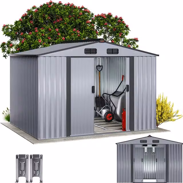 Capanno per attrezzi Gardebruk in acciaio zincato grigio con porta scorrevole e ventilazione del tetto L: 260 cm, P: 205 cm, H: 180 cm