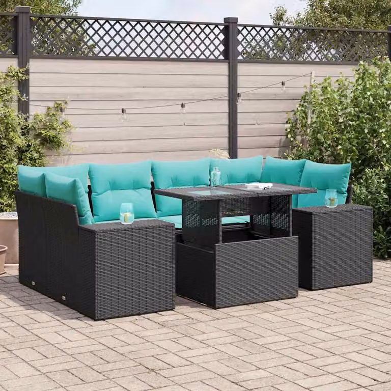 Set Divano da Giardino a L vidaXL in Polyrattan Nero con Cuscini e Tavolino da Esterno