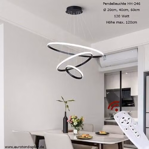 HH-246 Eurotondisplay Lampada a sospensione LED 3 anelli 20*40*60cm con telecomando Colore della luce Luminosità regolabile in continuo Dimmerabile 120 Watt Lampada a soffitto LED regolabile in altezza 120cm Lampada a sospensione Design A+