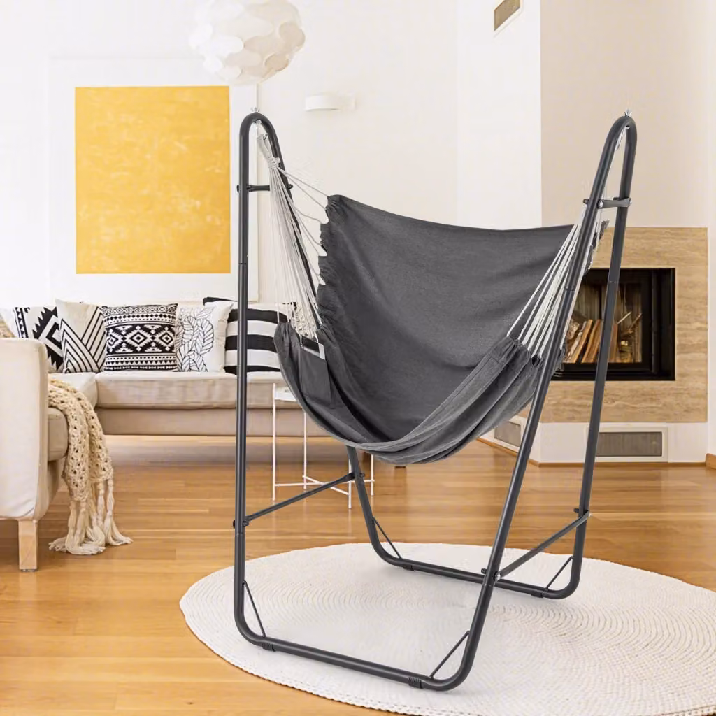 Sedia sospesa a uovo con supporto in metallo e tasca laterale, dondolo moderno per interno ed esterno, Nero e Grigio, H: 161 cm, L: 120 cm, P: 87 cm – 2