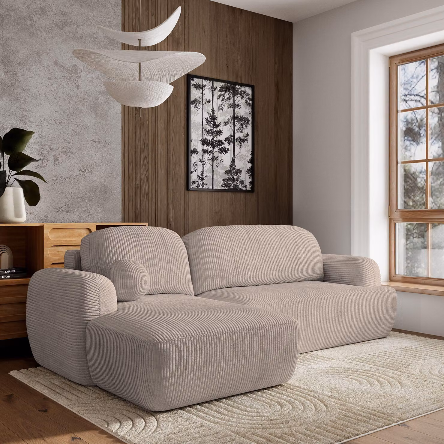 Divano angolare Masseno MODENZA P L-S con funzione letto a L, divano con box letto, divano da soggiorno, divano, divano letto, set di divani - beige, POSO 02