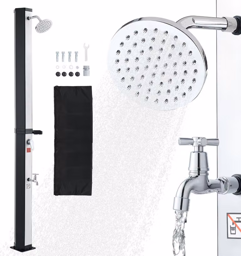 Doccia solare - Doccia da giardino / doccia esterna 35 l - Altezza 216 cm - Acqua calda e fredda - Miscelatore a pedale e portasapone - Fino a 60 °C - Nero/argento