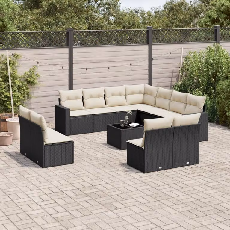 vidaXL Set Divani da Giardino a L con Cuscini e Tavolino Nero in Polyrattan